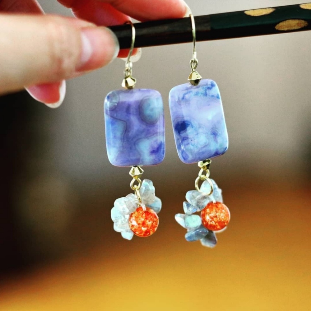 Purple Jasper and Labrodiate Stone Chips Earrings